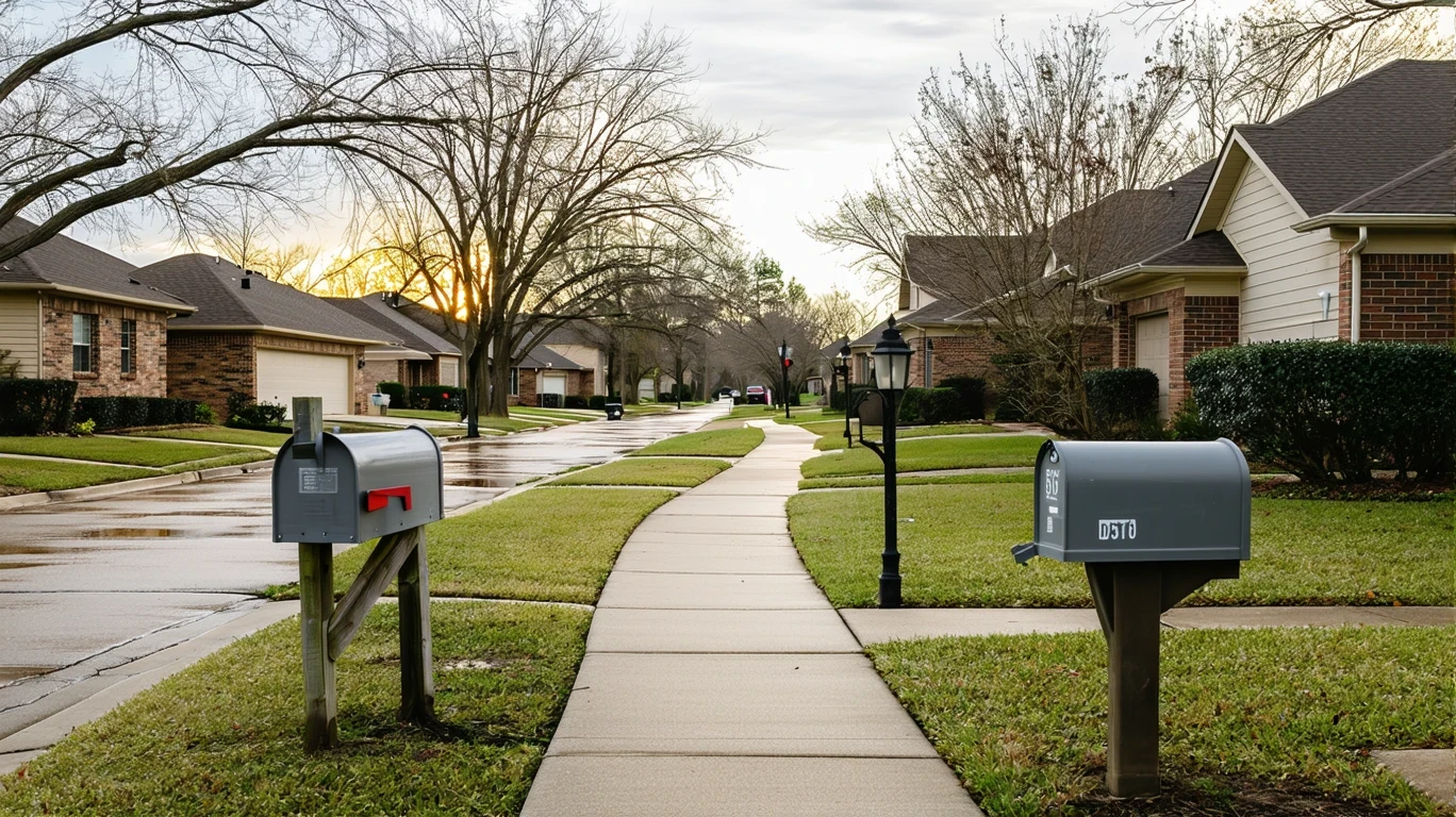 Neighborhood street view in New Braunfels, TX with mailboxes, sidewalk, and small single-story homes under cloudy sky.