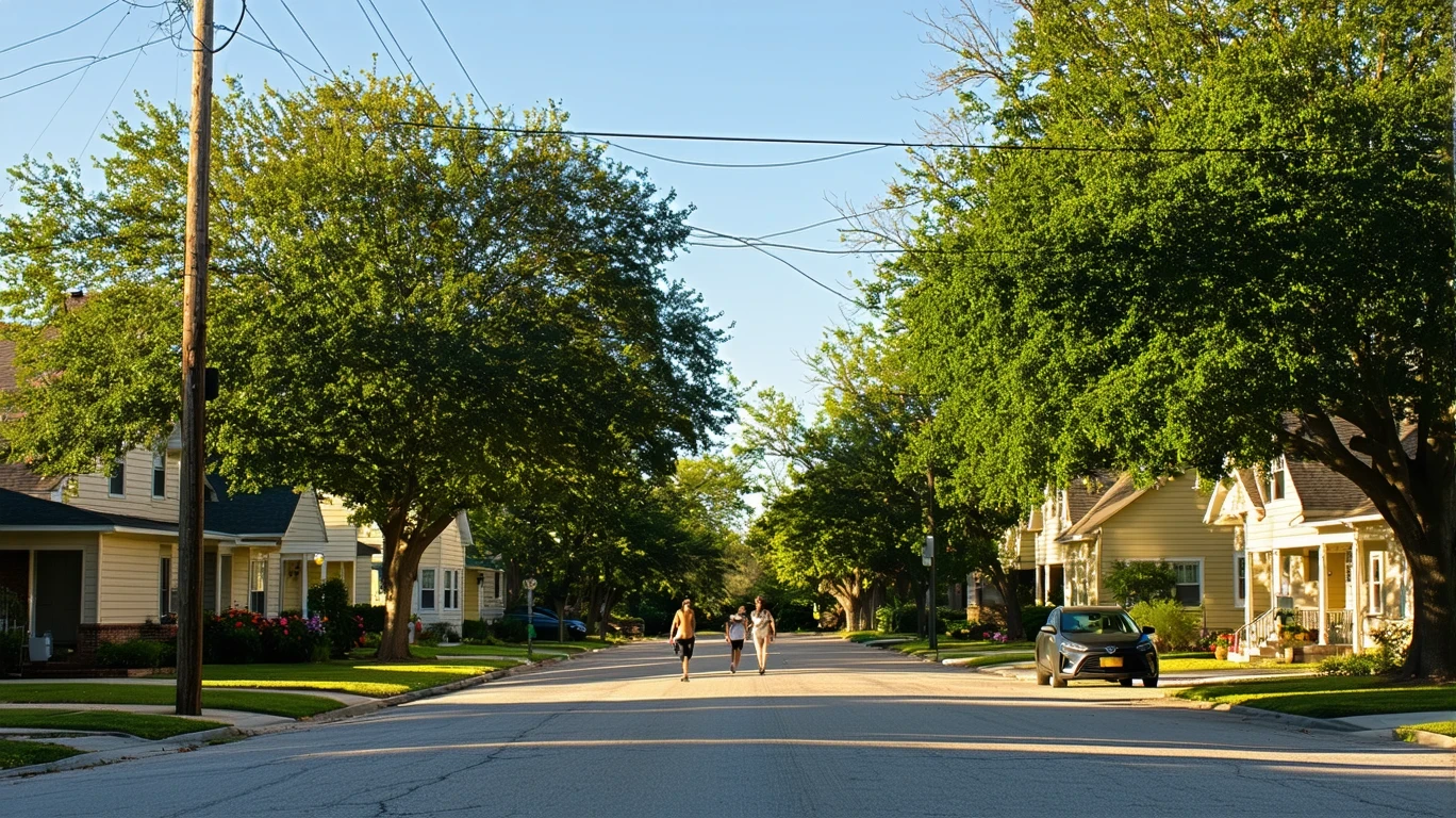 A sunlit residential street in San Antonio lined with maple trees, utility lines, and modest homes, with a couple walking on the sidewalk.