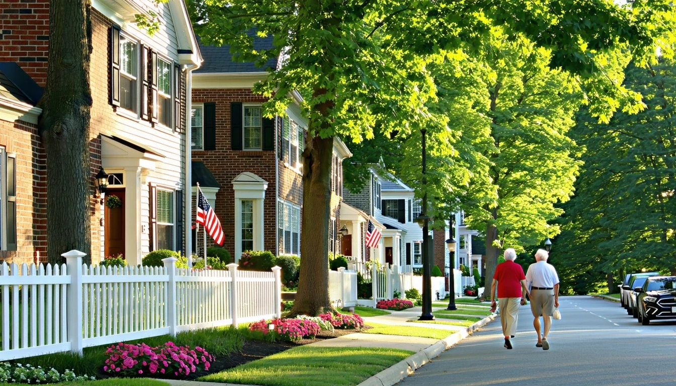 A tree-lined street in Alexandria, VA with well-kept homes and an older couple walking on the sidewalk.