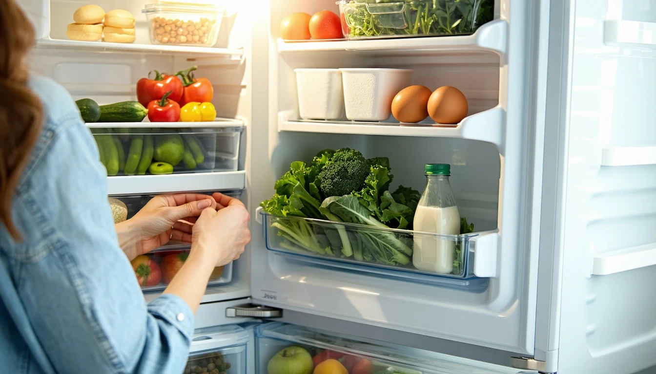 An open refrigerator stocked with groceries like milk, eggs, and produce.