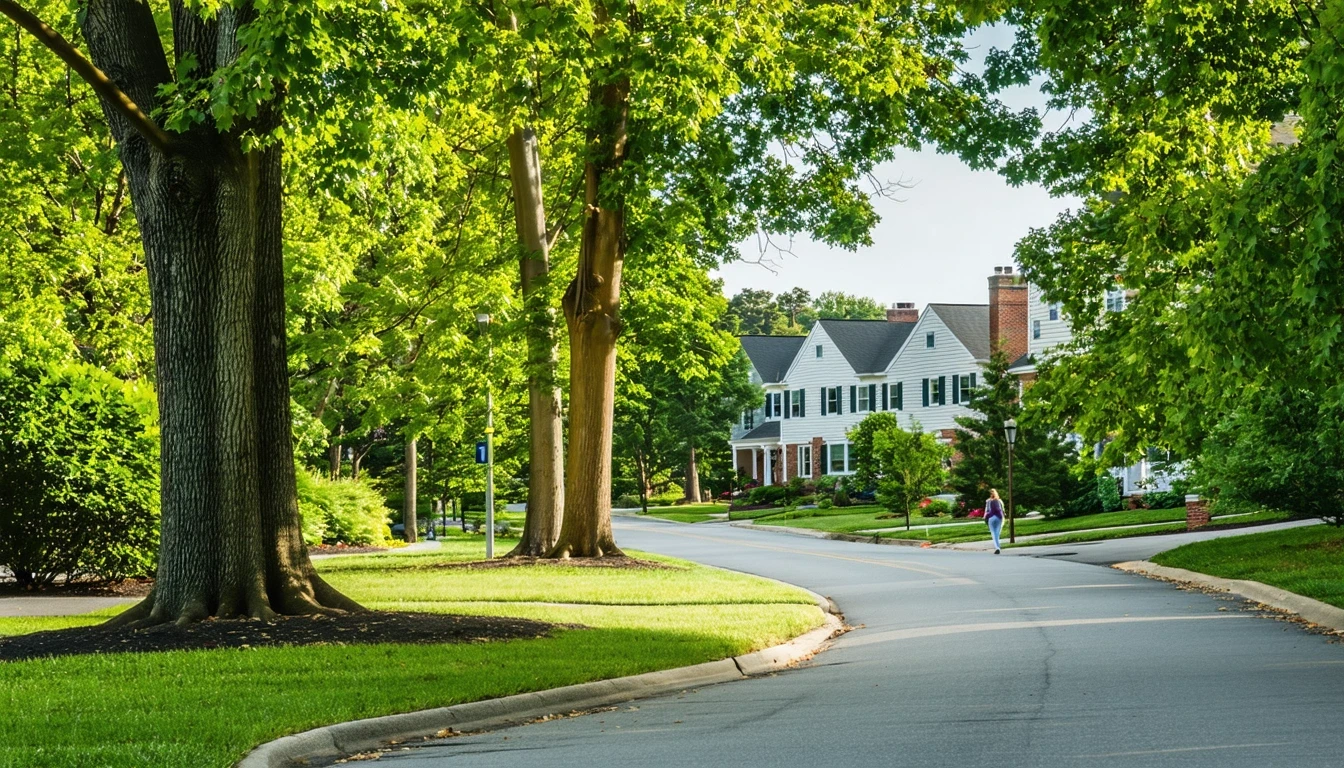 A tree-lined sidewalk curving through a pleasant Alexandria neighborhood, with glimpses of homes through the leaves.