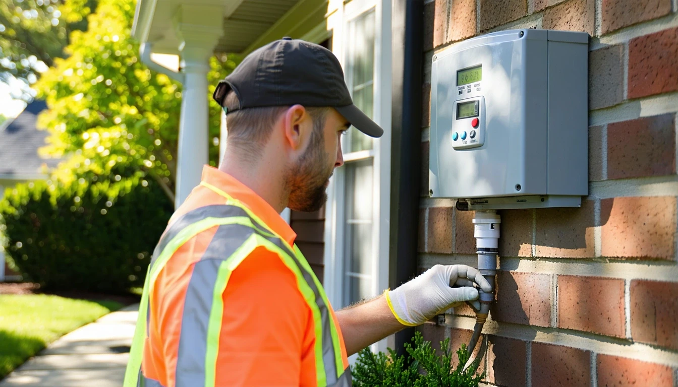 A utility worker inspects an electric meter on a suburban home on a sunny day.
