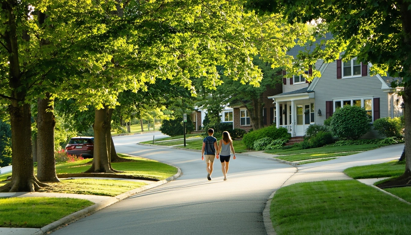 A couple walks along a sidewalk under tall trees, with suburban homes visible in the background.