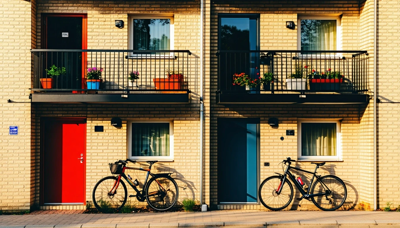 Row of brick apartment buildings with stoops, potted plants, and bicycles out front.