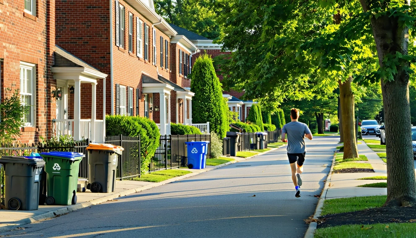 A jogger runs past a row of red-brick homes on a sunny suburban street in Alexandria, Virginia.