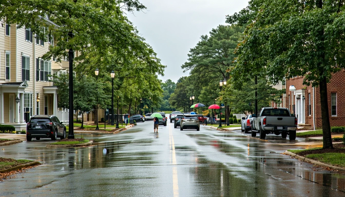 A wet street in Arlington, Virginia with palm trees reflected in puddles along the sidewalk.