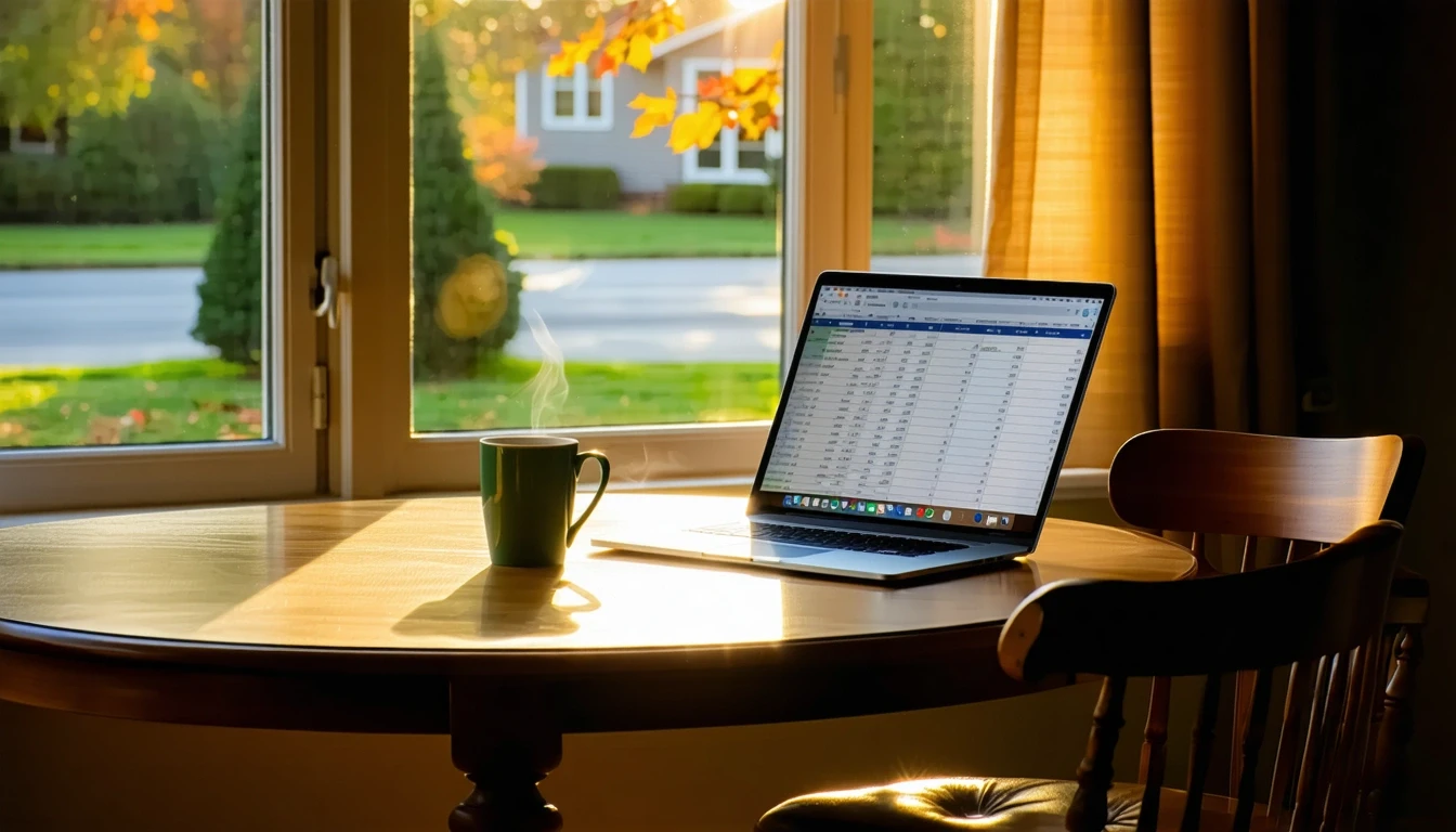 An open laptop showing a budgeting spreadsheet on a dining table, with coffee mug nearby.
