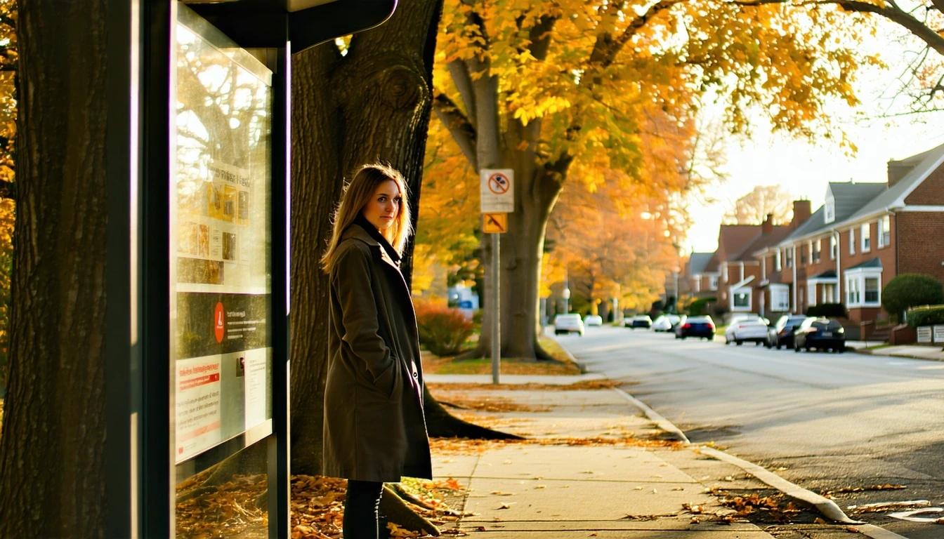 A young woman waits at a bus stop on a quiet suburban street in Alexandria, VA at dawn.