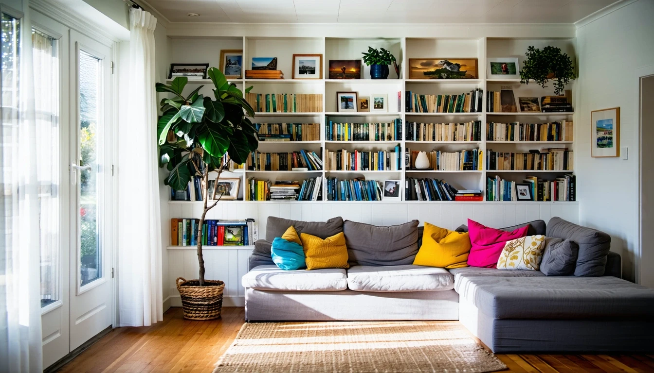 A bright, cozy living room in a Canton home with a couch, bookshelves, and plants.