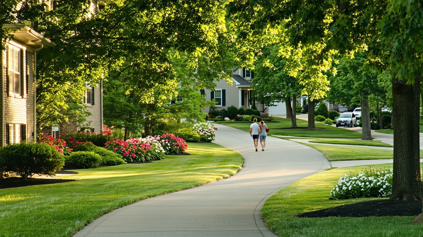 A couple walks along a curving sidewalk shaded by trees in a leafy Naperville neighborhood with glimpses of nice homes.