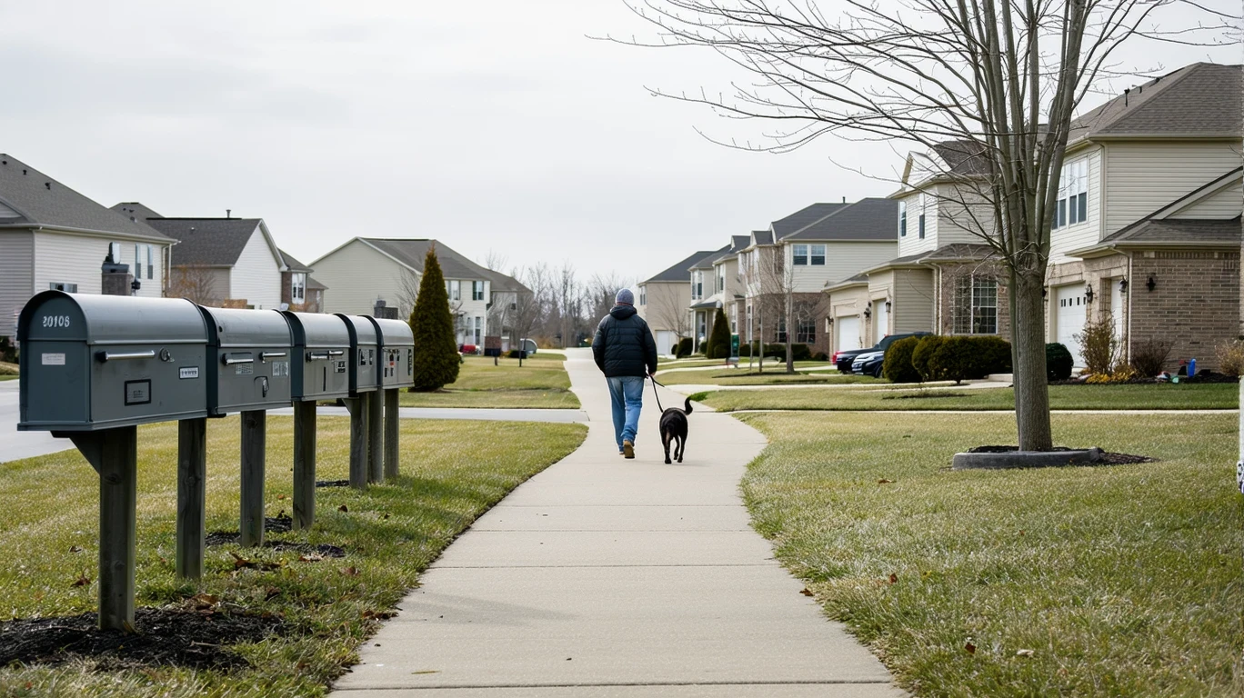 An overcast suburban sidewalk scene, with mailboxes, homes, wet pavement and a man walking his dog.