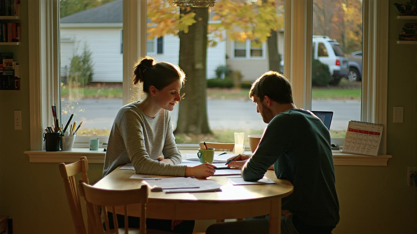 A couple works on their monthly budget at a kitchen table in an Arlington, VA home.