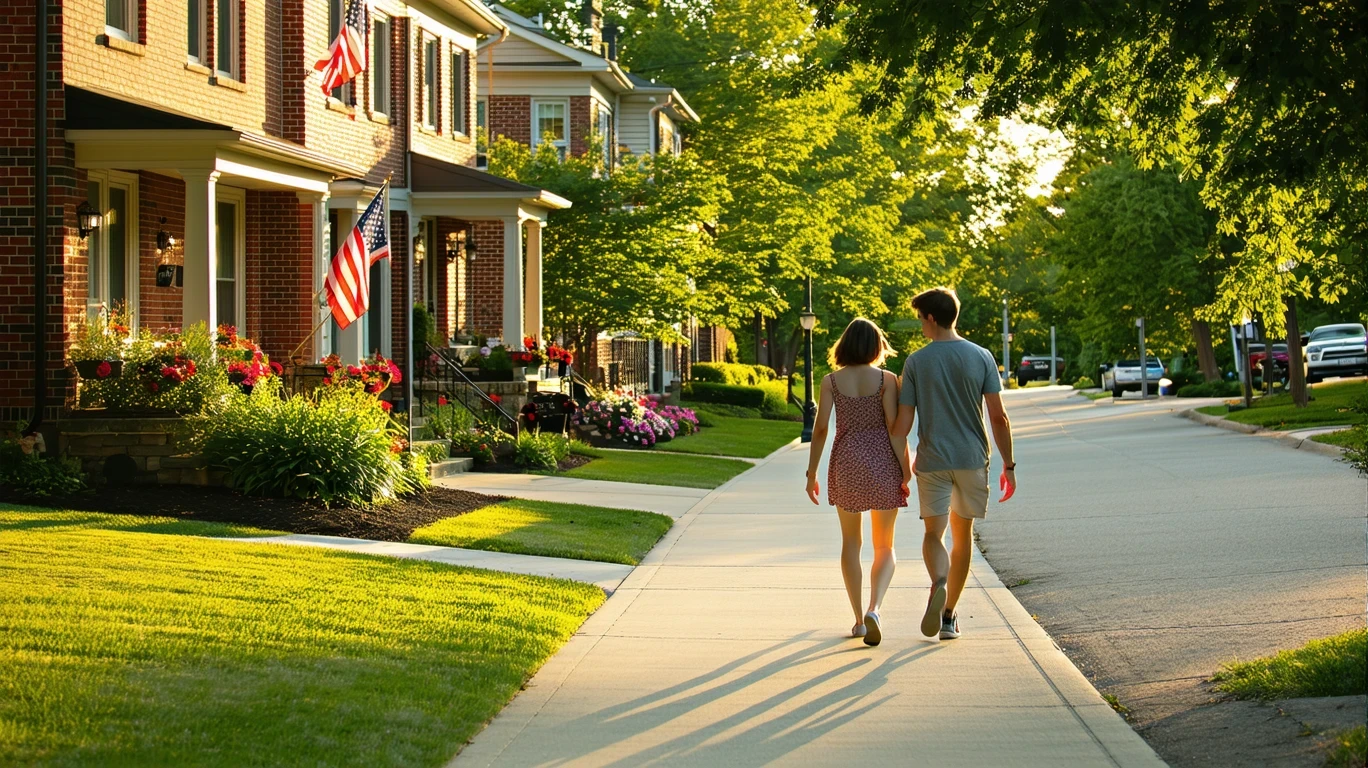 Couple walking on tree-lined sidewalk past townhomes in Arlington neighborhood