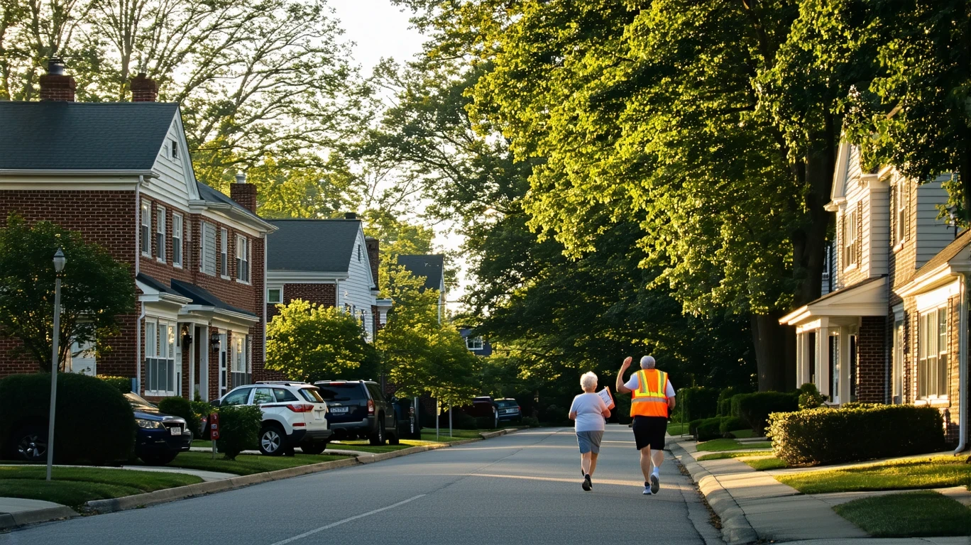 Quiet morning street in Falls Church with jogger and brick houses