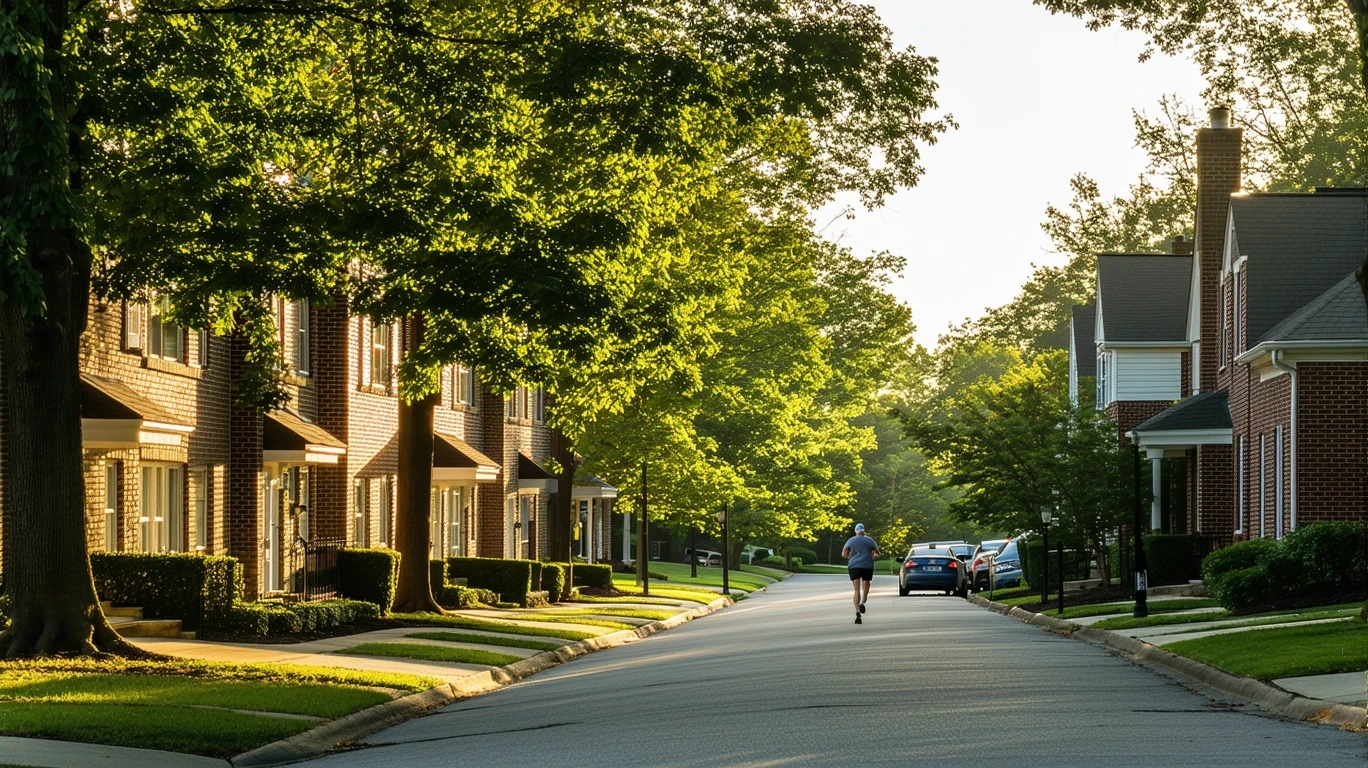 A peaceful residential street in Arlington, Virginia with single-story brick homes, tree-lined sidewalks, and a jogger in the distance.