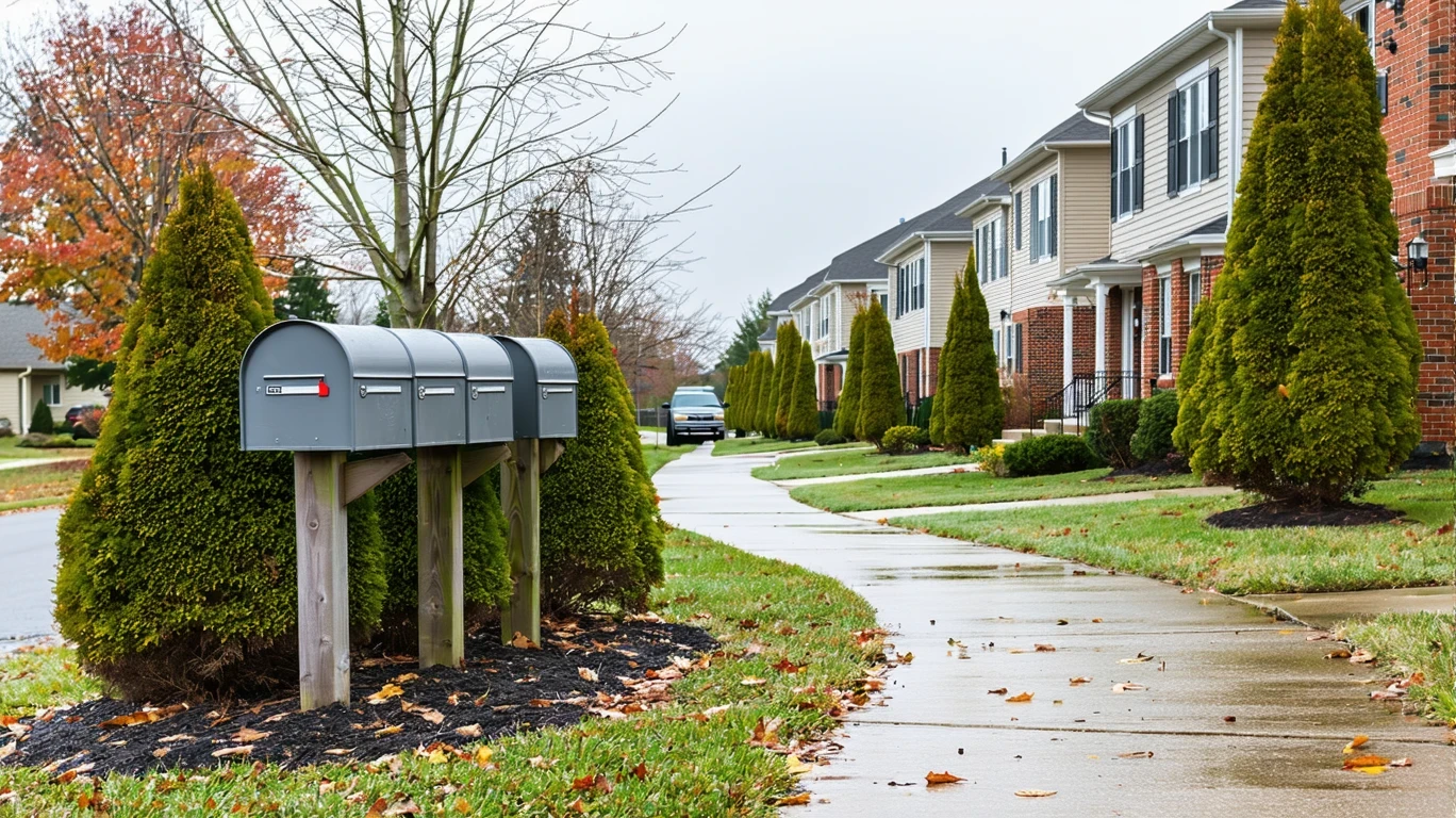 A curving sidewalk in a Fairfax neighborhood with mailboxes, wet pavement, and the edges of two-story homes visible behind manicured lawns.