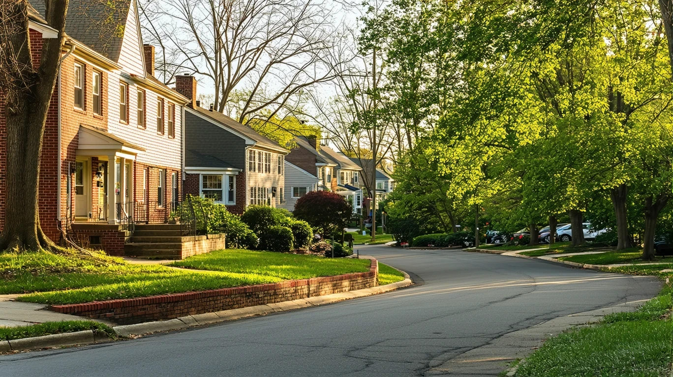 A peaceful suburban cul-de-sac in Arlington, Virginia on a sunny morning, with attractive homes and landscaping.