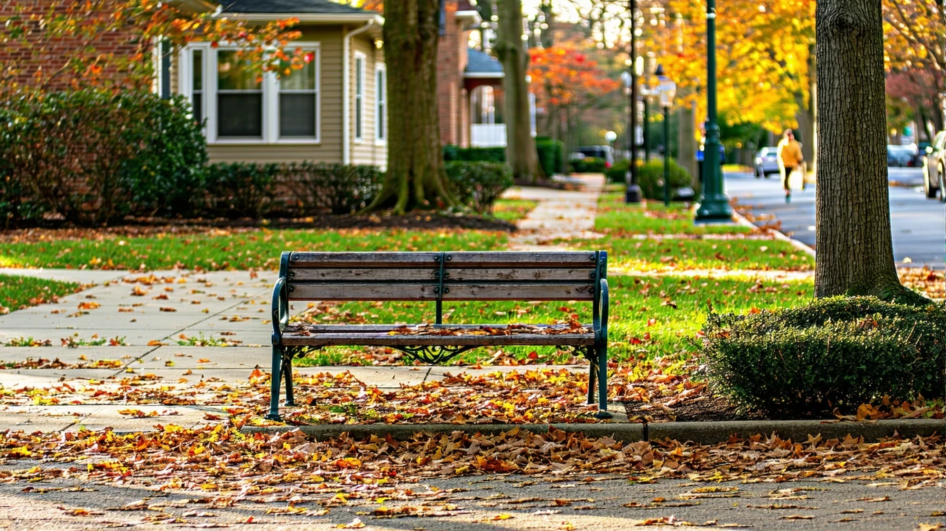 An empty bench at a bus stop in a suburban neighborhood on a fall day, with scattered leaves on the sidewalk.