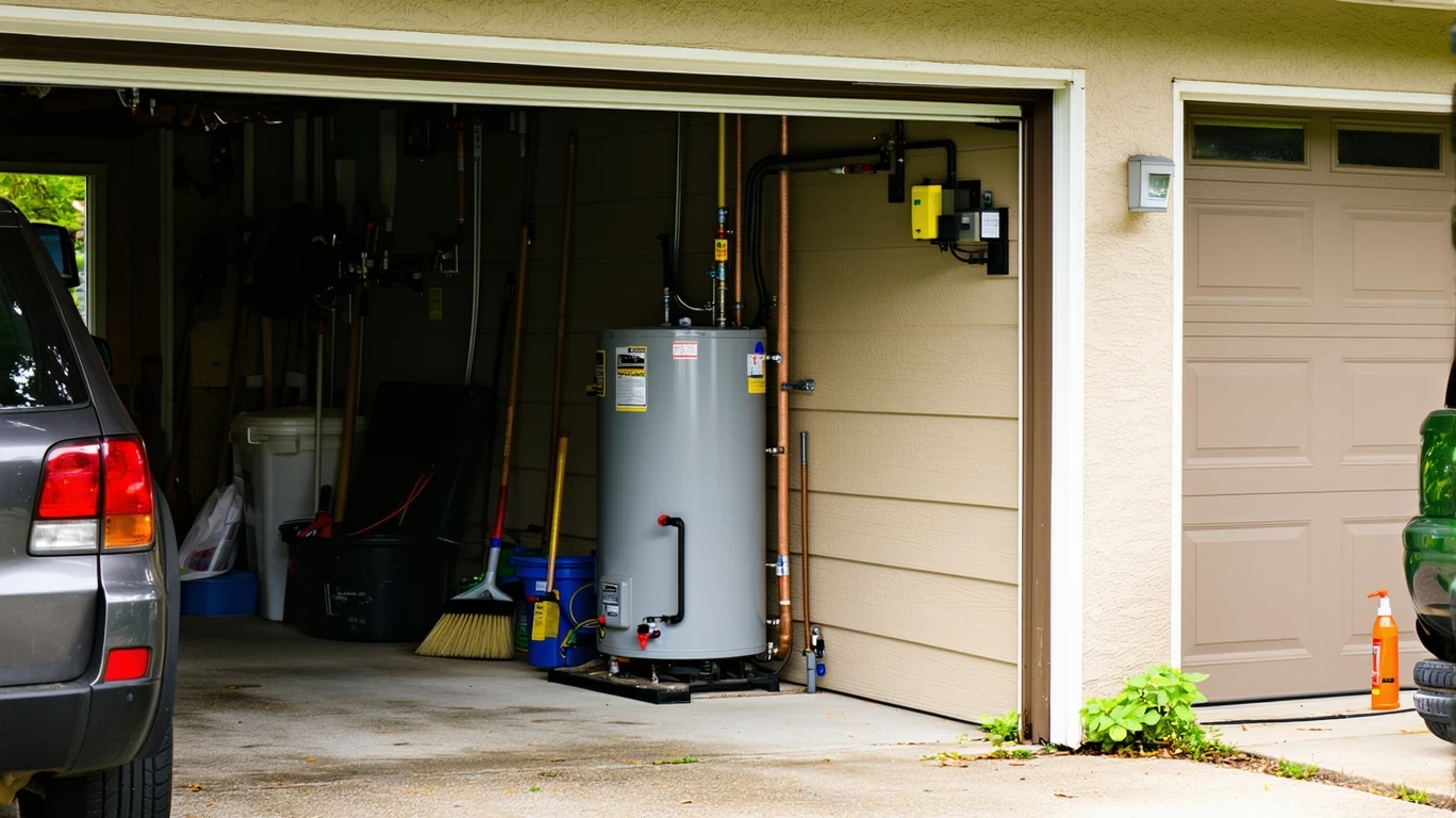 A tidy garage corner with a water heater, pipes, and cleaning supplies in an Arlington home.