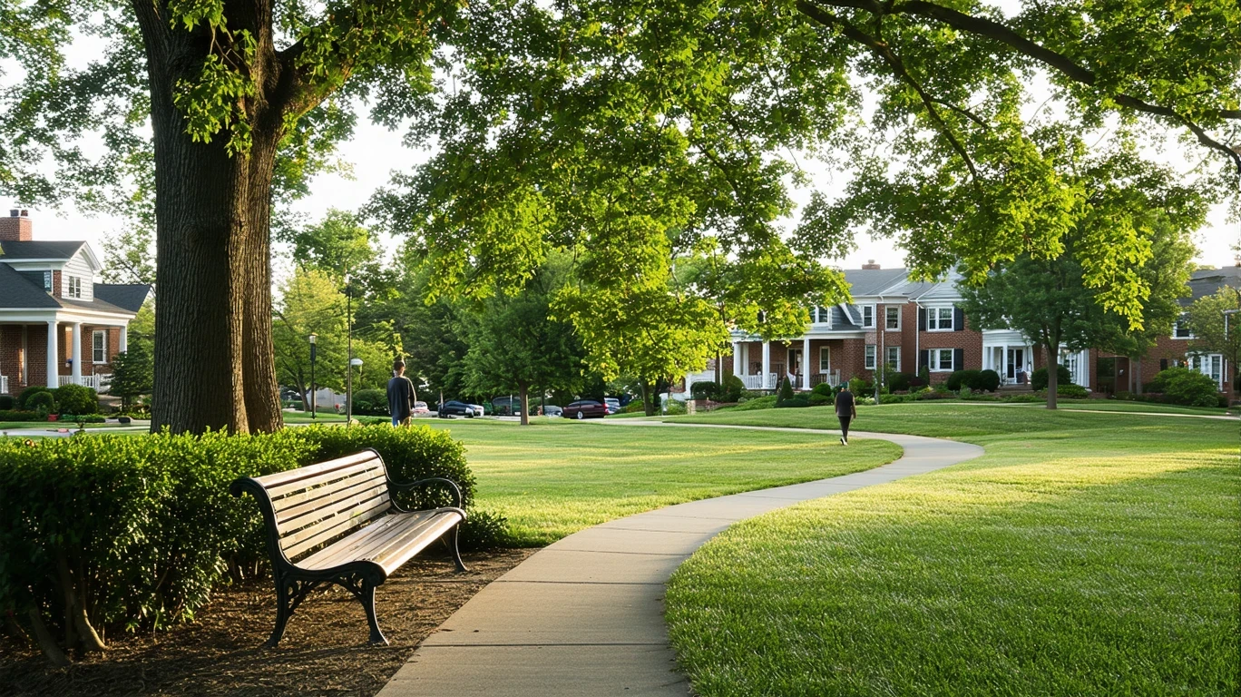 A tree-lined neighborhood park in Arlington with an empty bench and brick homes visible in the background.