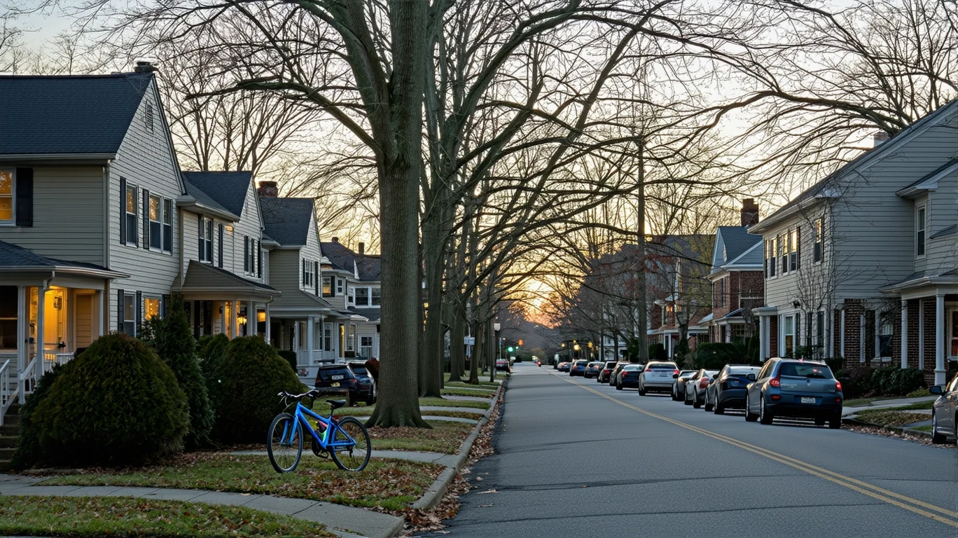 A quiet cul-de-sac in Arlington, VA at dusk, with a child's bicycle near the curb and porch lights turning on.