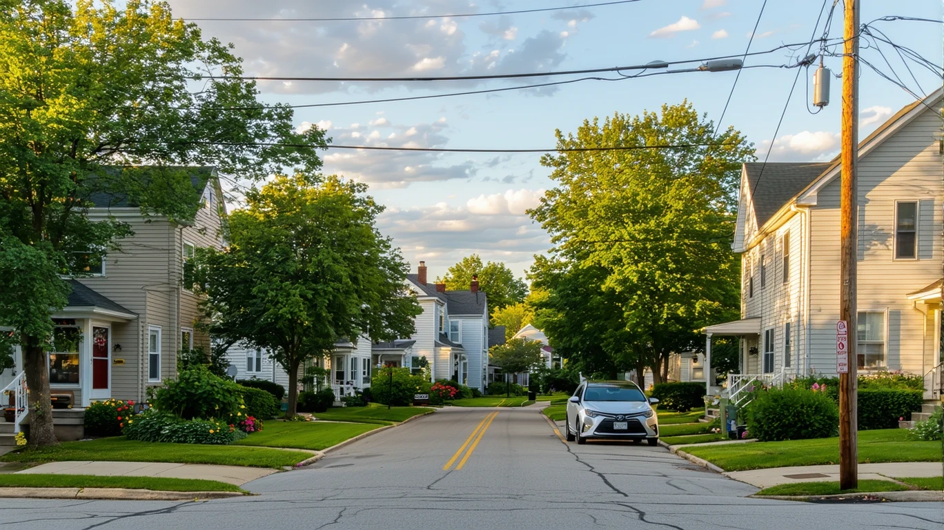 A suburban street corner in Arlington with older homes, apartment buildings, and a parked car.