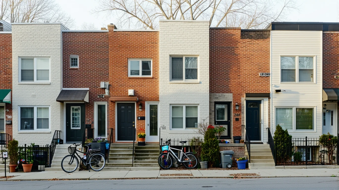 Apartment buildings along a sidewalk in Washington, DC with potted plants and bicycles out front.