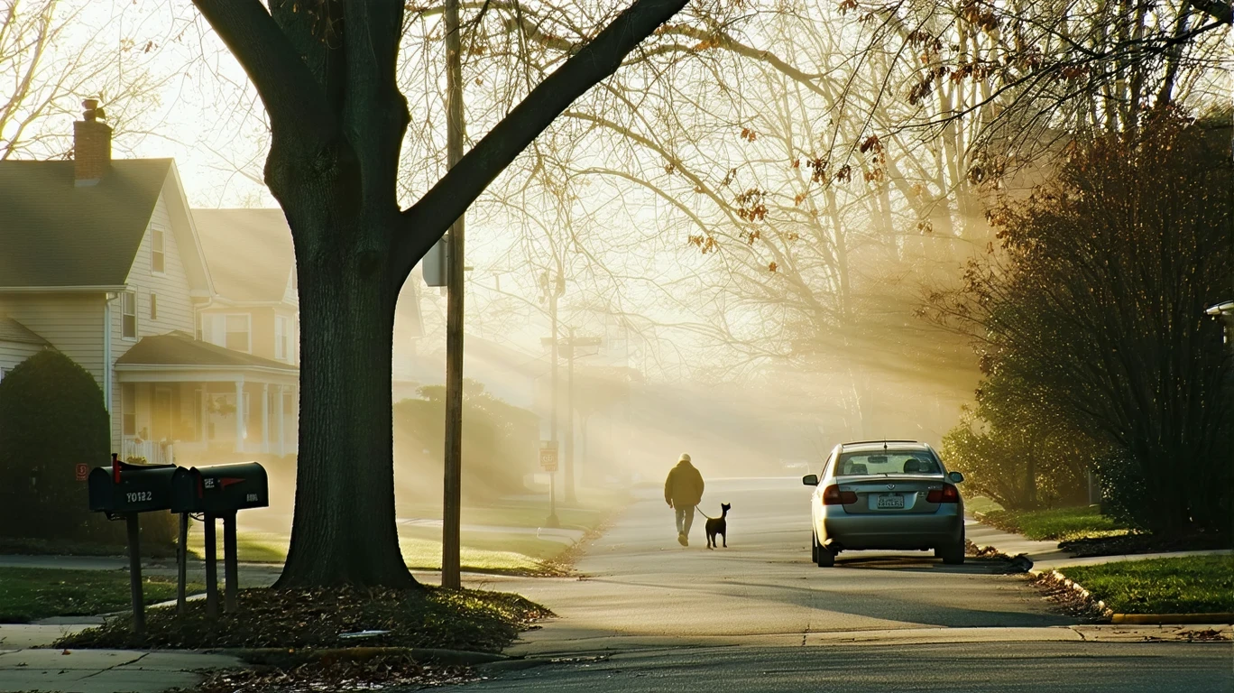 A foggy morning street in Arlington, VA with mailboxes, a parked car, and a person walking a dog on the sidewalk.