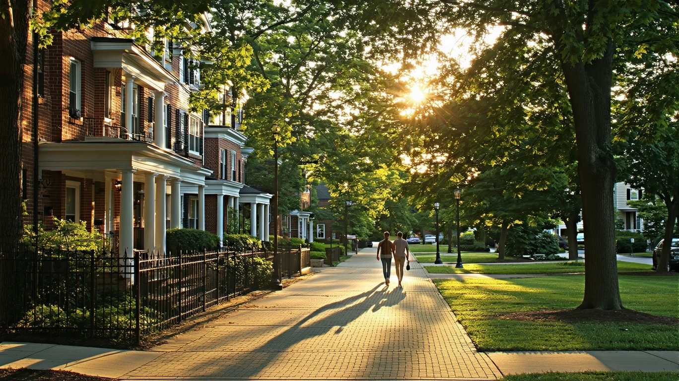 A sunlit street in Alexandria, VA with historic homes, gardens, and a couple walking on the sidewalk.
