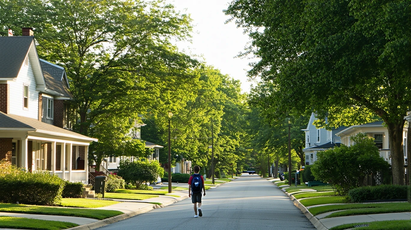 Tree-lined street in Arlington with single-family homes and a student walking on the sidewalk.