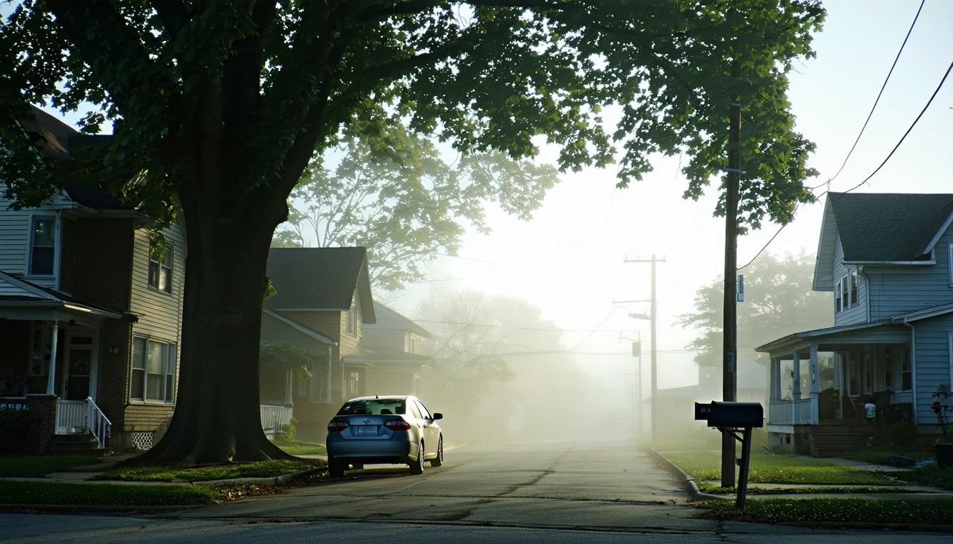 Foggy morning street in Belleville, Illinois with older homes and parked sedan under maple tree