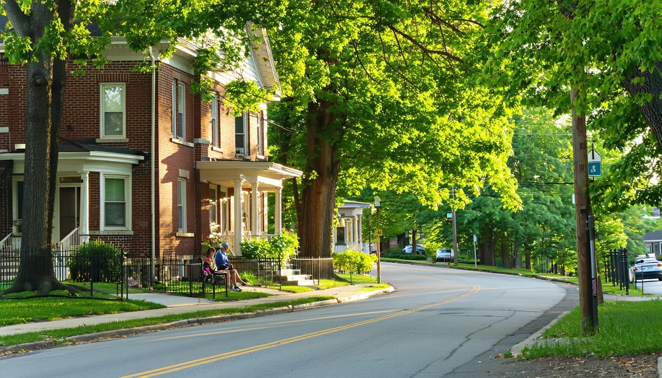Tree-lined residential street in Saint Louis with brick homes and winding sidewalk