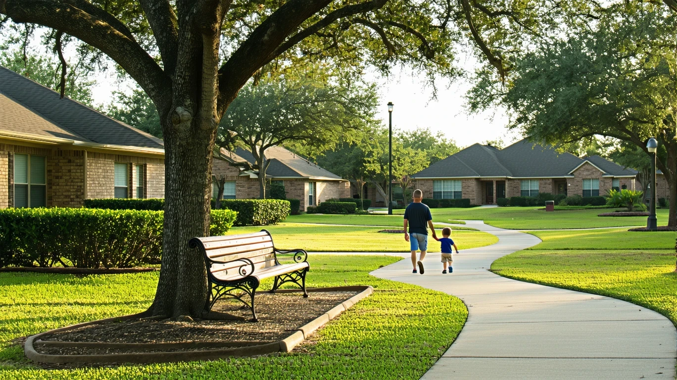 A well-landscaped neighborhood park in Katy, Texas with a walking path, bench, bordering homes, and a man and child approaching the entrance.