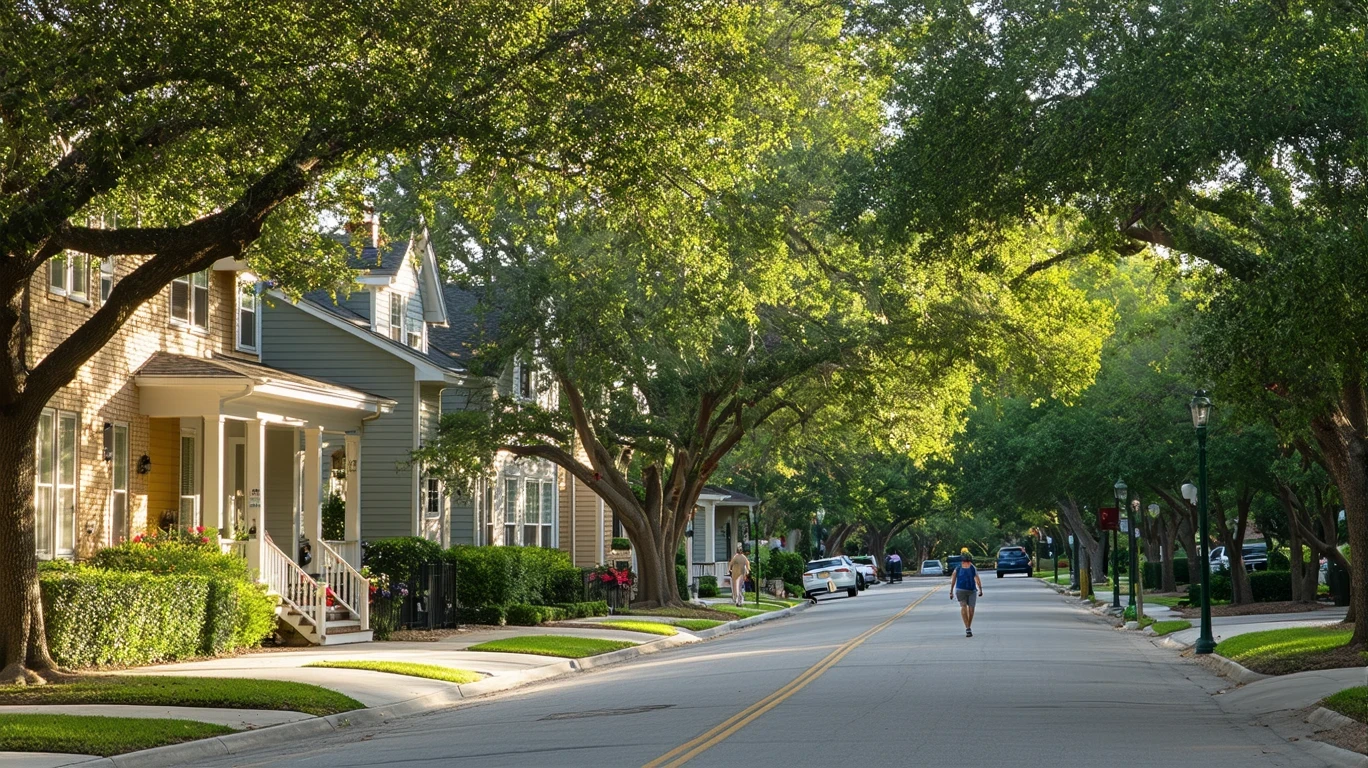 Tree-lined residential street in Austin, Texas with people walking on sidewalk.