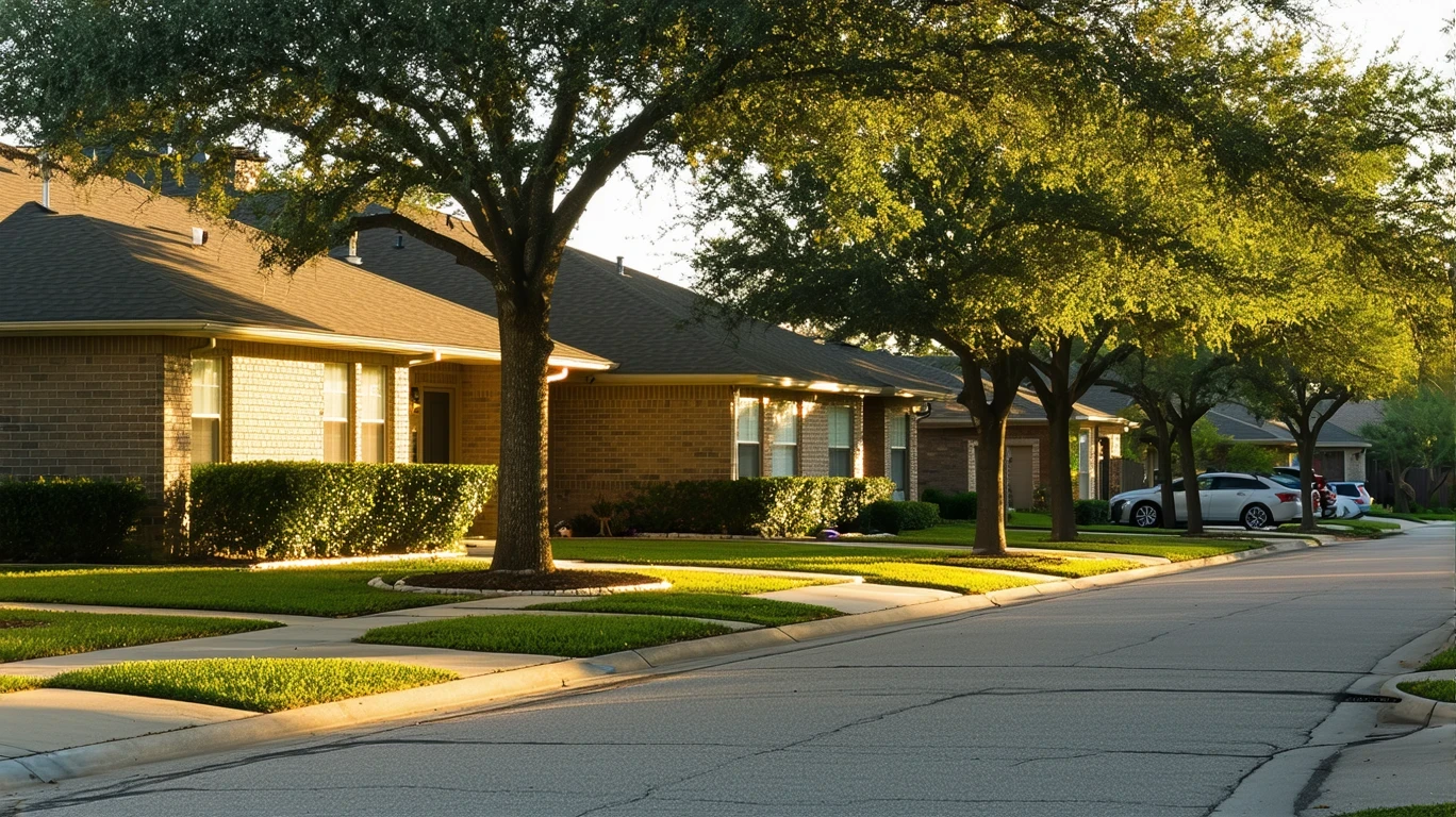 A residential street in Pflugerville, Texas at sunrise with one-story homes, manicured lawns, and long shadows cast by trees.