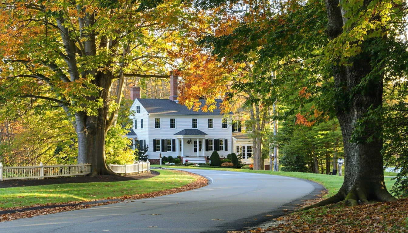 A winding, tree-lined street in Simsbury, Connecticut with a glimpse of historic homes peeking through colorful fall foliage.