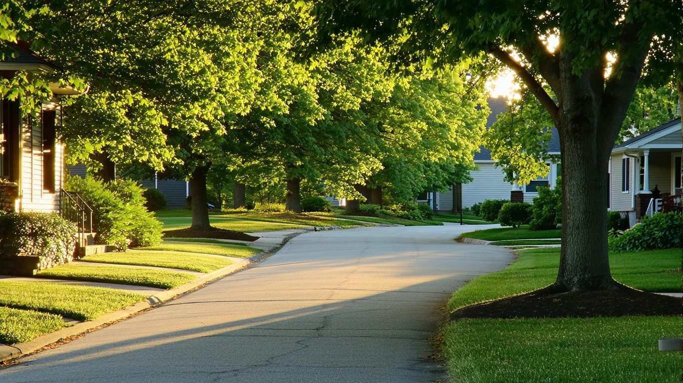 A curving neighborhood sidewalk under tall trees, with houses visible through the foliage.