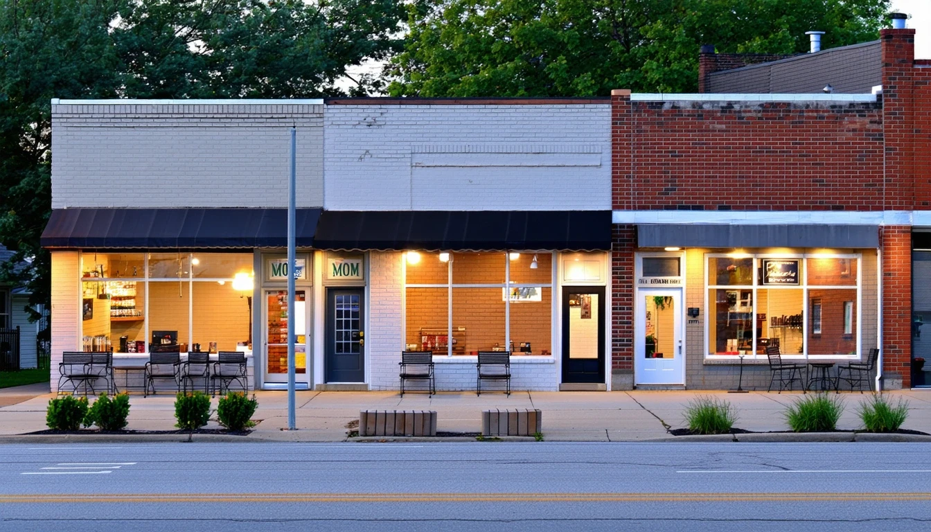 Mom-and-pop storefronts with patios and planters beside residential street in Chesterfield at dusk