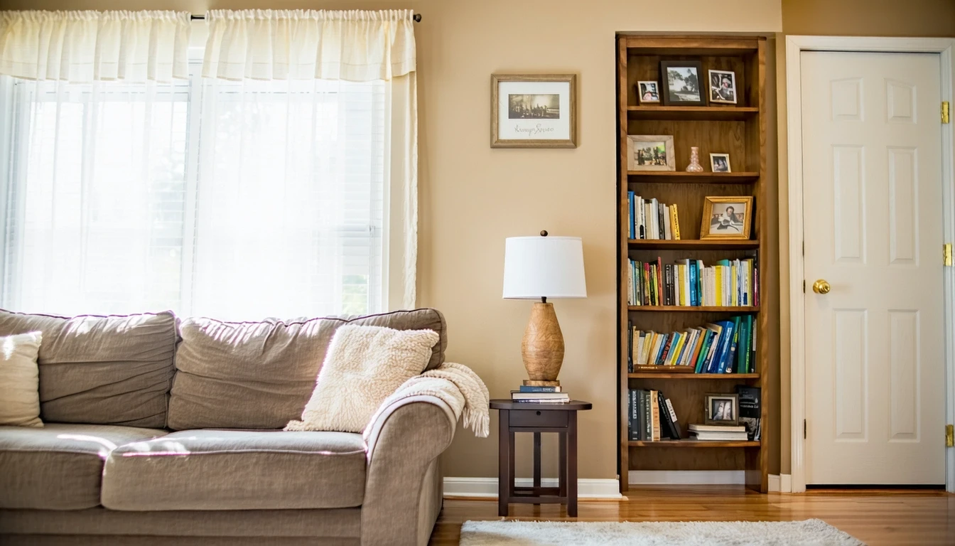 Soft light through curtains in a Ballwin living room with couch and bookshelf