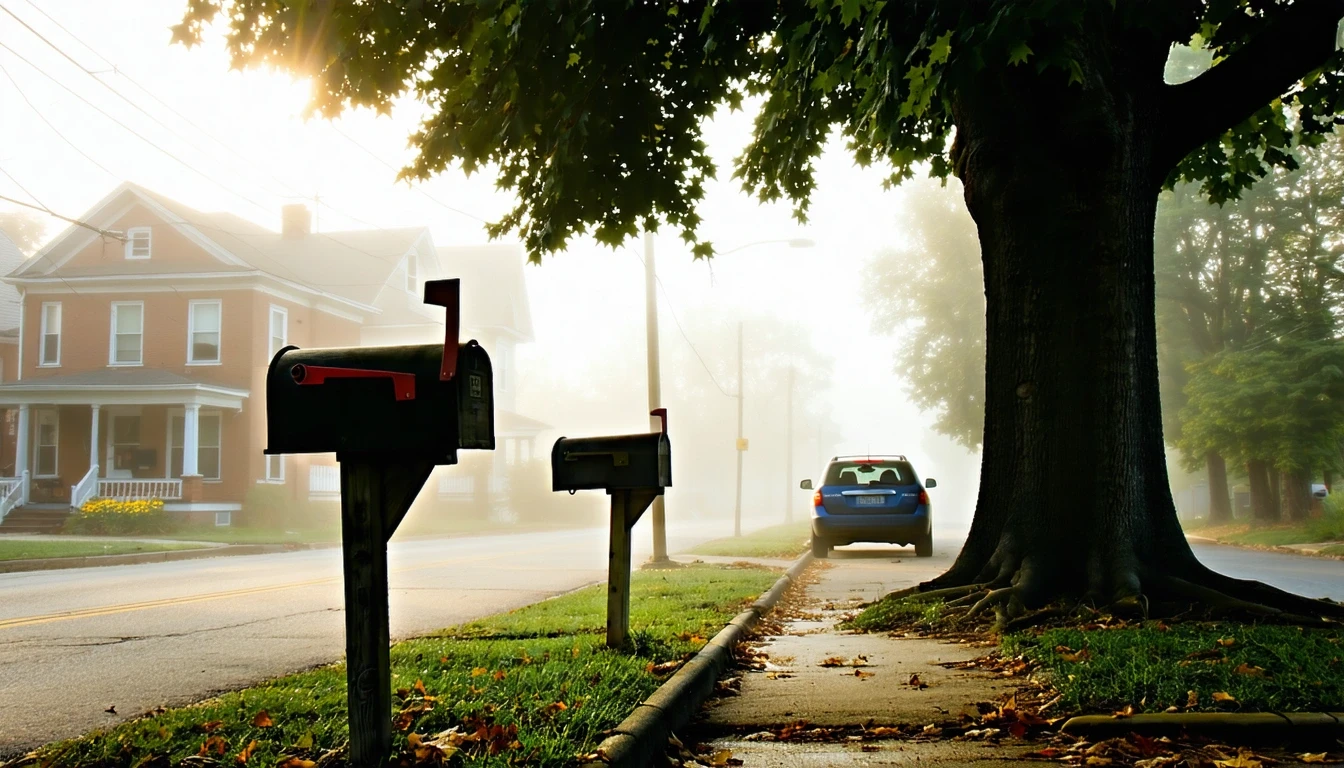 Misty morning street in Kirkwood, Missouri, with mailboxes, parked sedan, and historic homes