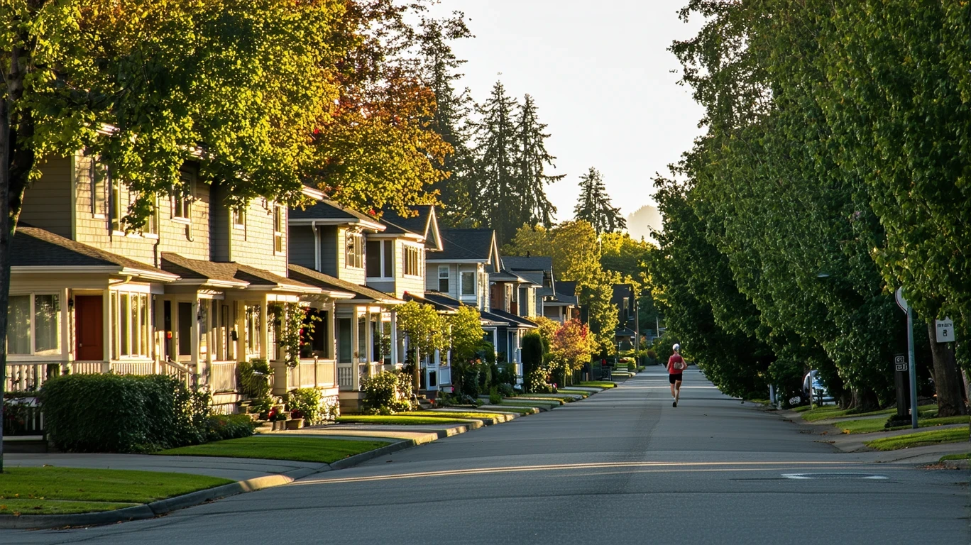 A residential street in Portland, Oregon in morning light, with craftsman homes, sidewalks, lawns and trees.