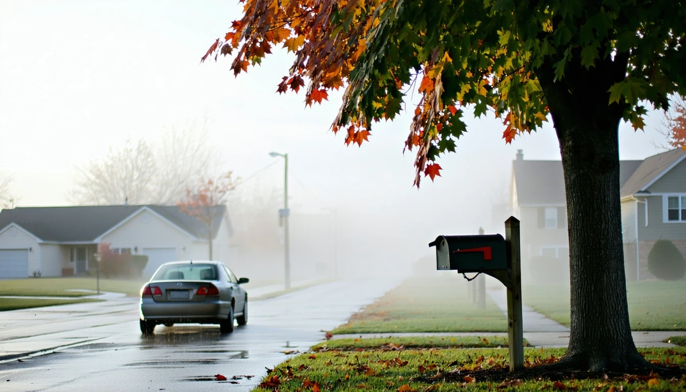 Foggy morning street in Fairview Heights with mailboxes, parked sedan, and ranch-style homes