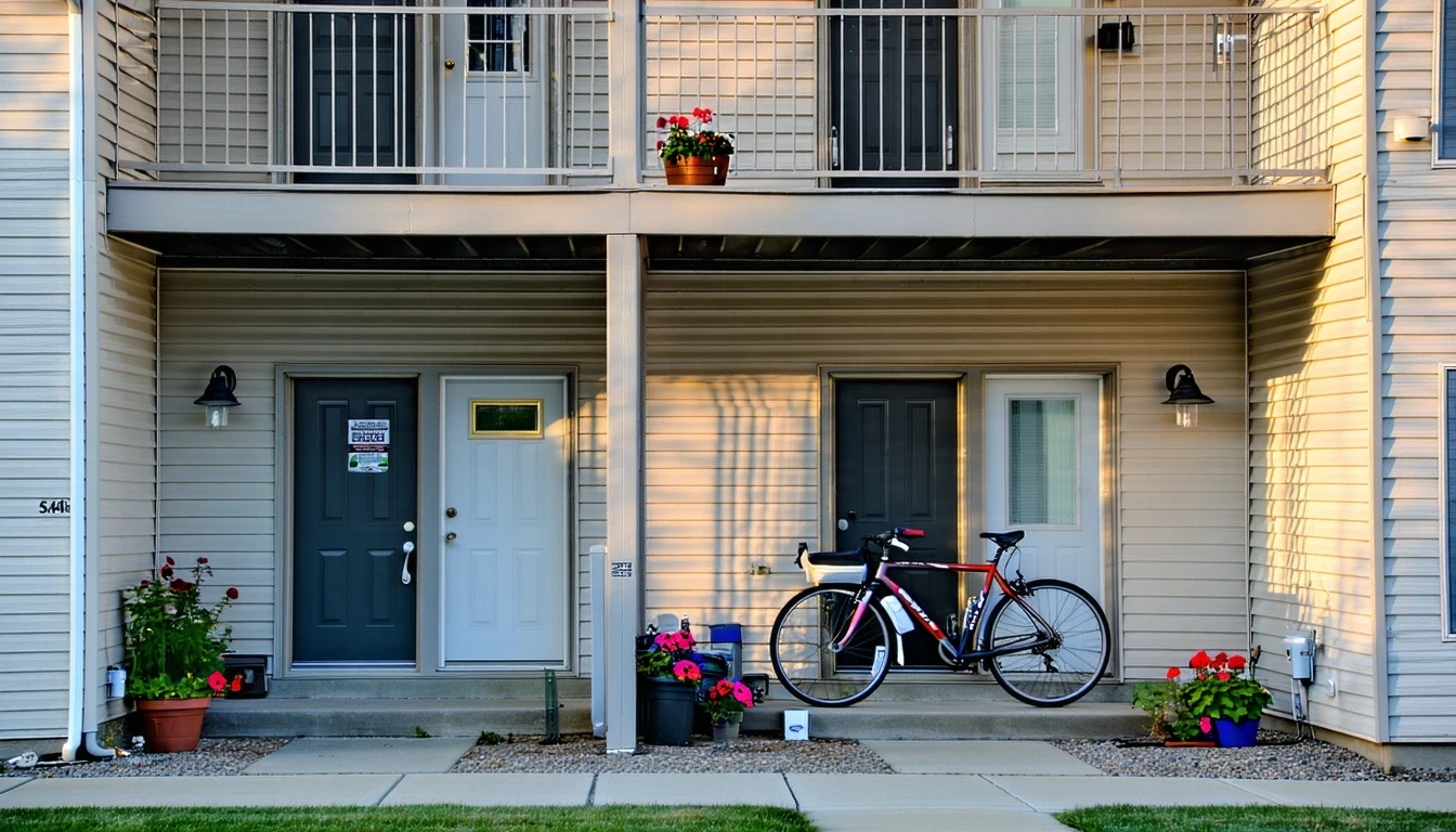 Small apartment building in Collinsville with shaded doorways, potted plants, and bicycles by railing