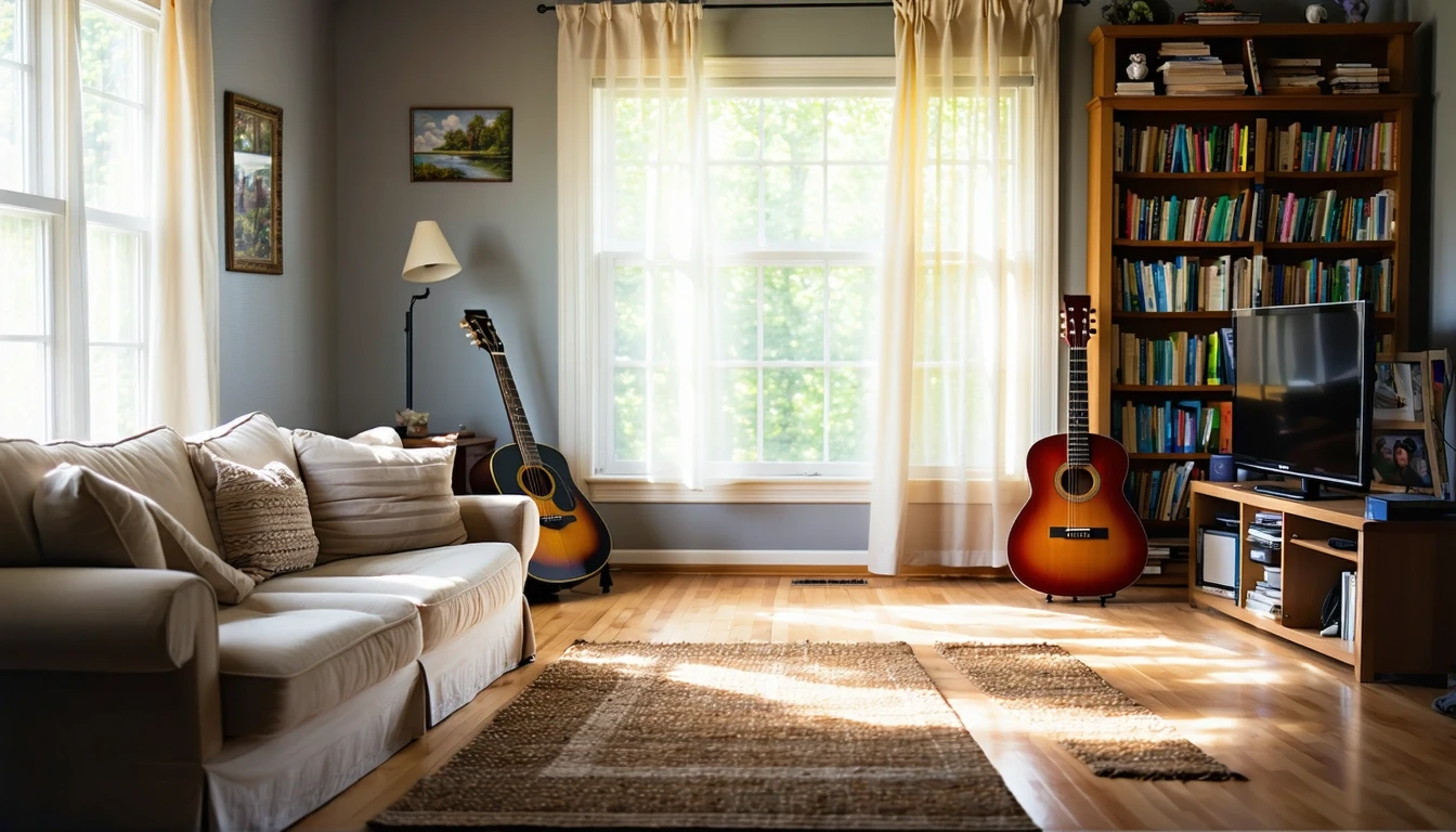 A sunlit living room in Grandview, Missouri with a couch, bookshelf, curtains, and hardwood floors.