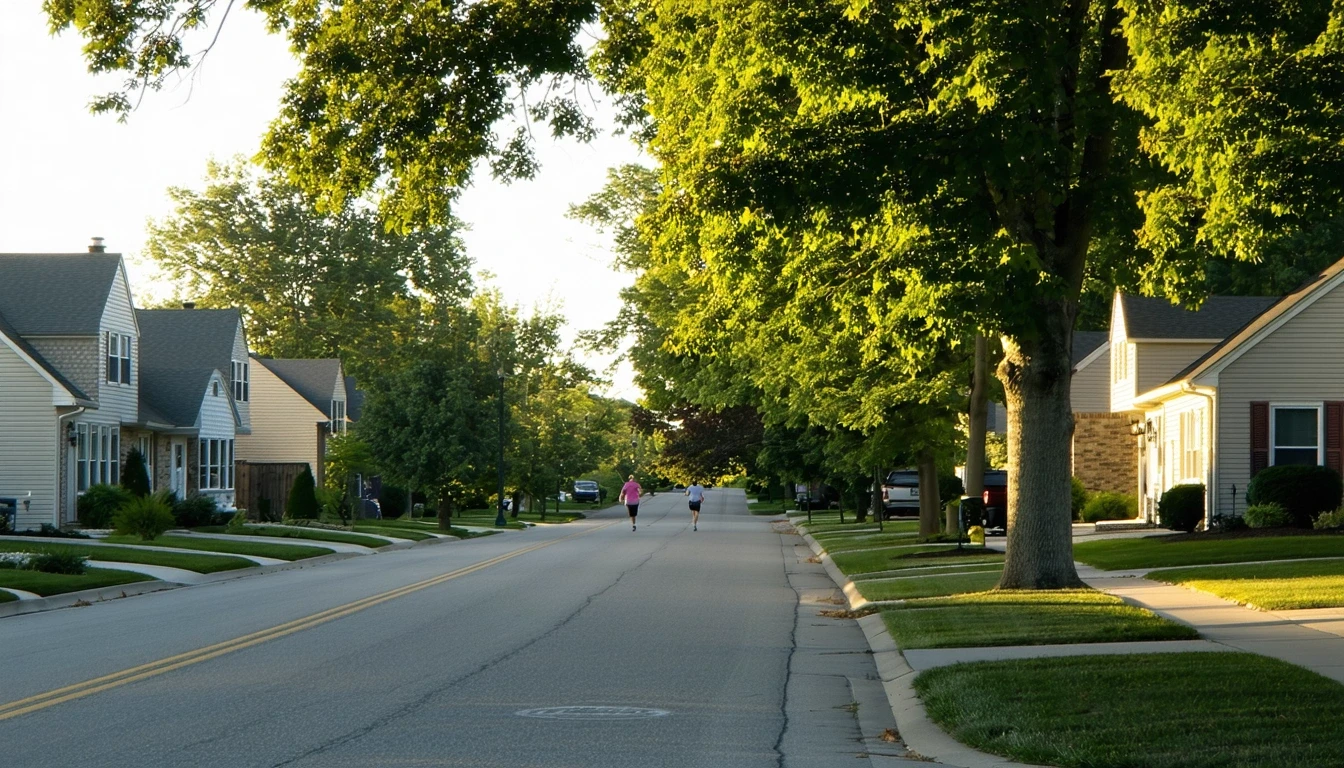 A peaceful residential street lined with one-story homes and trees, with a jogger in the distance.