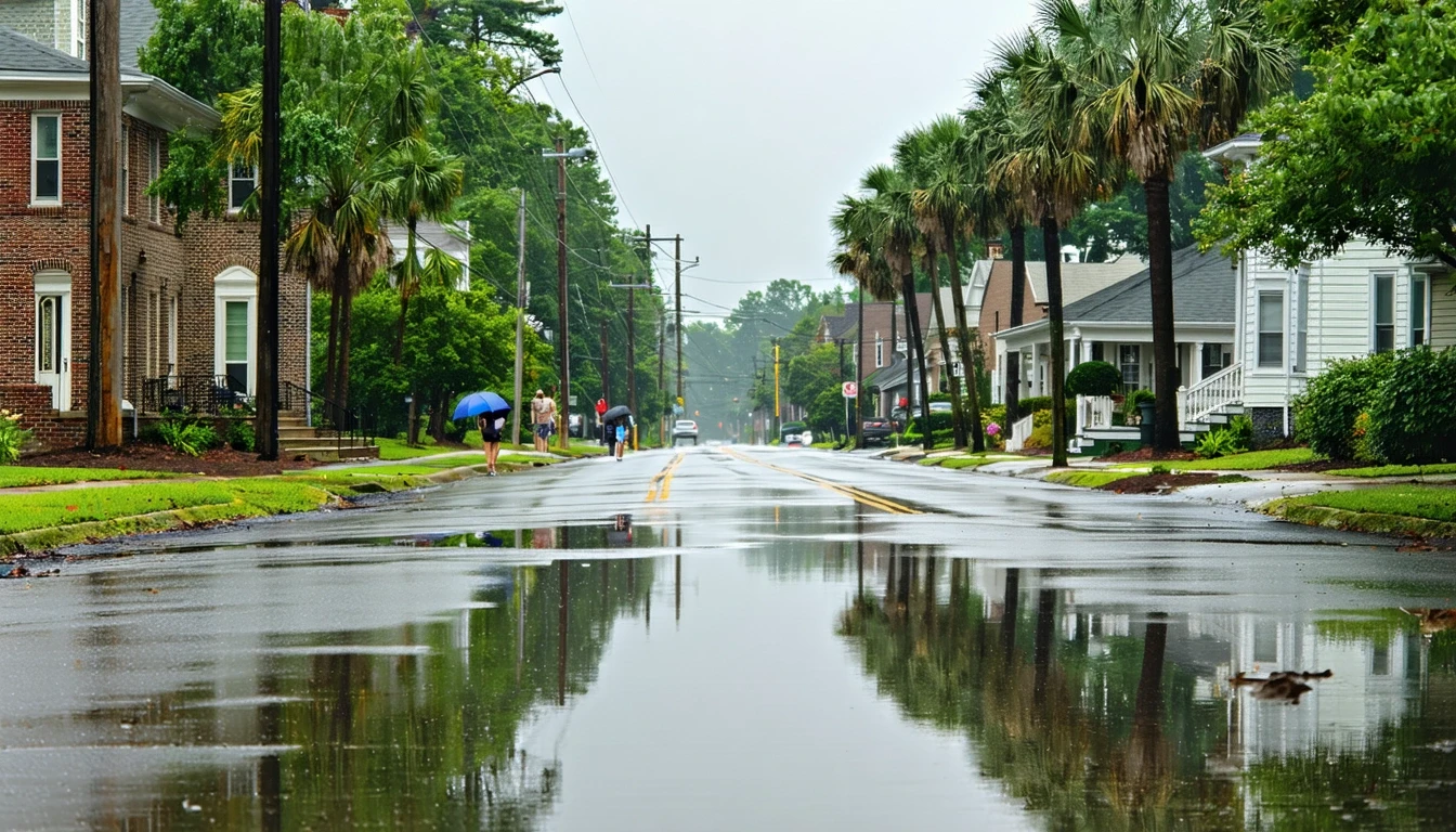 A post-rain street view in Norristown, Pennsylvania, with palm trees reflected in puddles, pedestrians on the sidewalk, and a mix of townhouses and rowhomes.