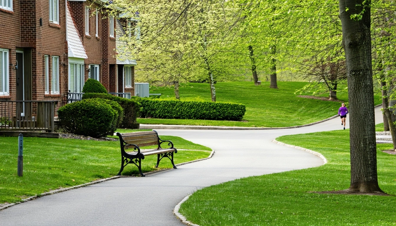 A tidy neighborhood park in Upper Darby, Pennsylvania with a paved path, manicured lawn, trimmed hedges, and an empty bench on a mild spring day, rowhomes visible across the street.