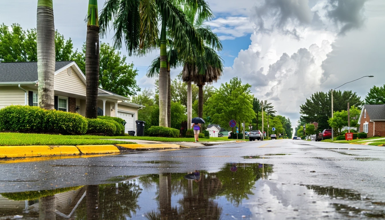 A wide street in Levittown, Pennsylvania lined with palm trees and ranch homes, just after a rain shower.