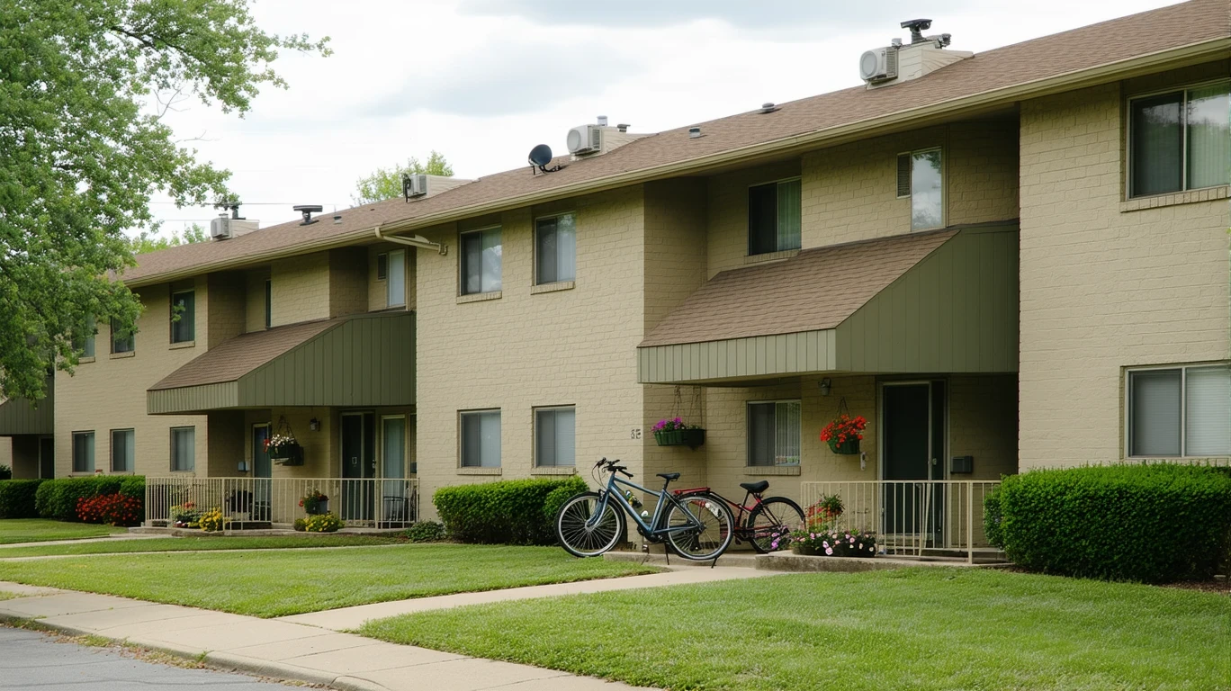 An apartment building in Bolingbrook, Illinois with a stucco exterior, potted plants by the doors, and two bicycles leaning against a railing.