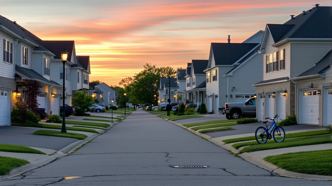 A cul-de-sac in a Joliet neighborhood at dusk, with neat homes, streetlights, and a child's bicycle on the curb.